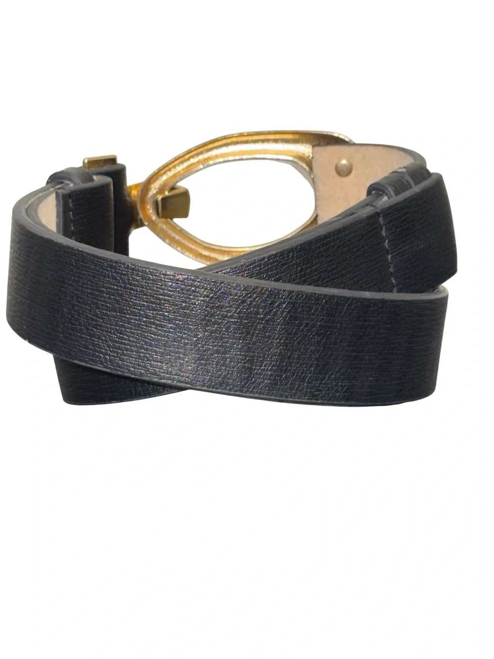 Chico’s Black Genuine Leather Belt M/L Adjustable Gold Statement Buckle